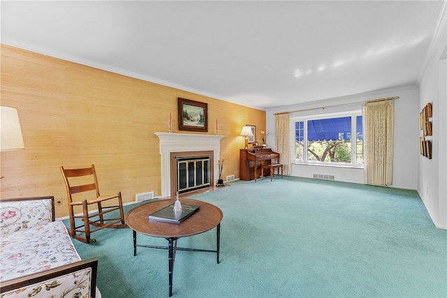 carpeted living area featuring ornamental molding and a fireplace with flush hearth