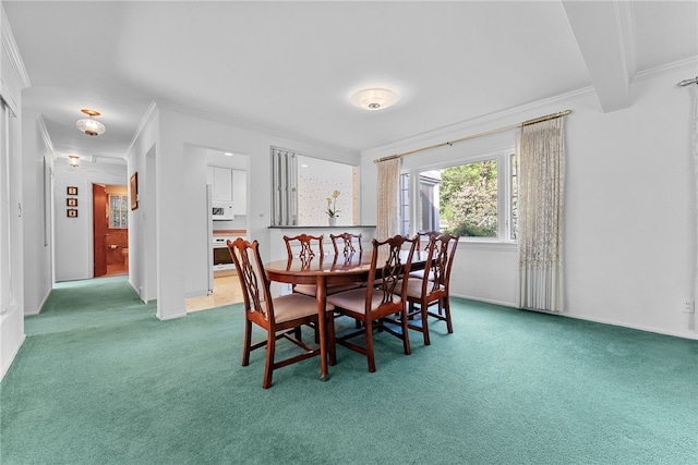 dining room featuring crown molding, carpet flooring, and baseboards