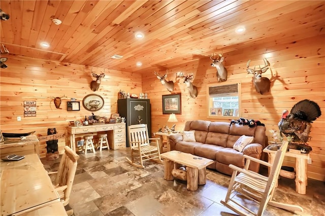 4038 State Route 156, Kiskiminetas Twp, PA 15618 - living room featuring wooden ceiling, wood walls, and recessed lighting