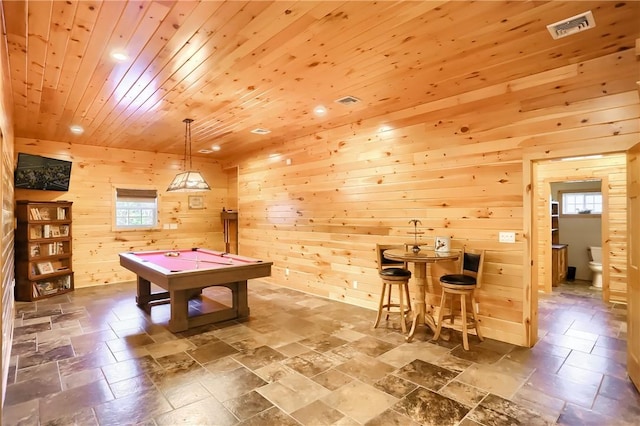 4038 State Route 156, Kiskiminetas Twp, PA 15618 - rec room featuring billiards, wood ceiling, recessed lighting, wooden walls, and stone tile flooring