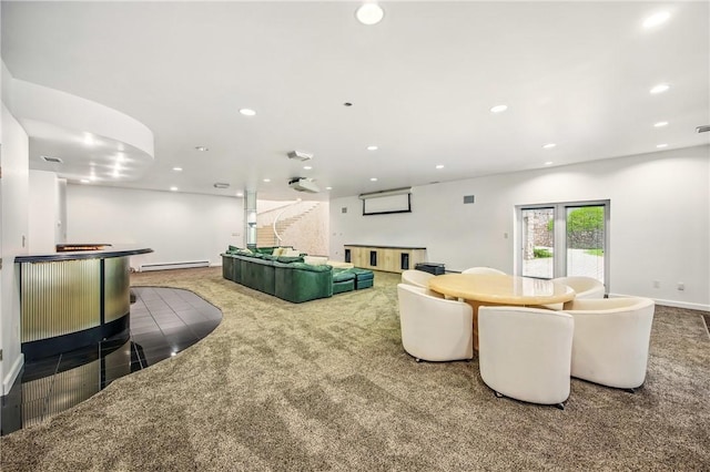 1700 Forker Blvd, Hermitage, PA 16148 - carpeted living area with a baseboard heating unit, recessed lighting, baseboards, and stairs