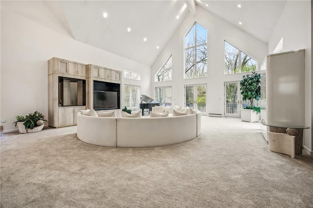 1700 Forker Blvd, Hermitage, PA 16148 - living room featuring high vaulted ceiling, carpet floors, beam ceiling, recessed lighting, and baseboards