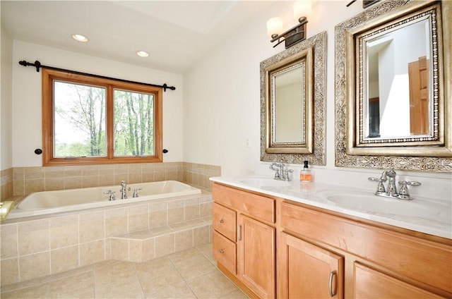 1004 Cicero Dr, Hempfield Twp Wml, PA 15642 - bathroom with a garden tub, tile patterned flooring, double vanity, and recessed lighting
