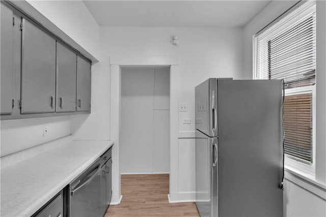 2832 Clermont Ave, Brentwood, PA 15227 - kitchen featuring appliances with stainless steel finishes, gray cabinets, light wood-style flooring, and light countertops