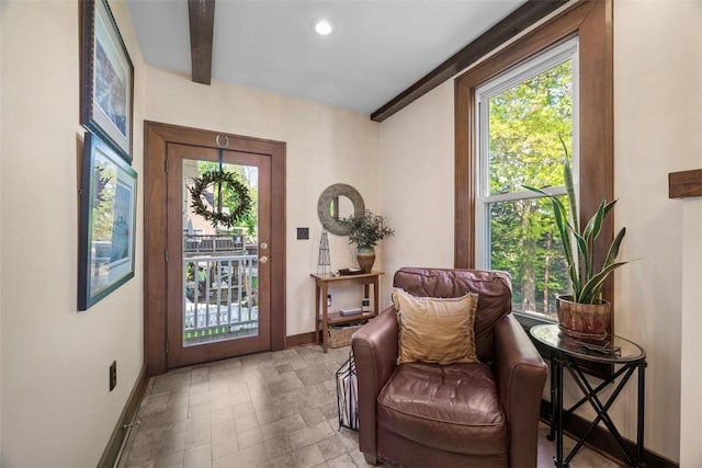 living area featuring baseboards, plenty of natural light, stone finish flooring, and recessed lighting