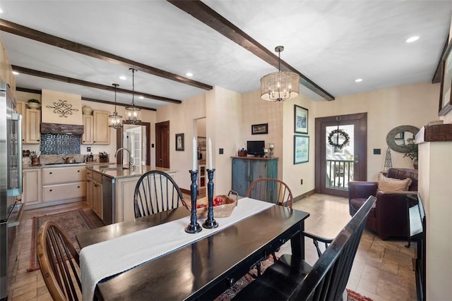 dining area featuring beam ceiling, a chandelier, recessed lighting, and baseboards