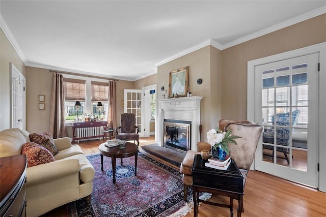 living area featuring light wood finished floors, crown molding, a glass covered fireplace, and radiator heating unit