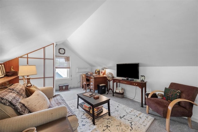 living area with carpet flooring and lofted ceiling