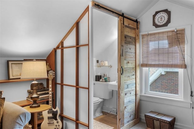 bathroom featuring lofted ceiling, toilet, and wood finished floors
