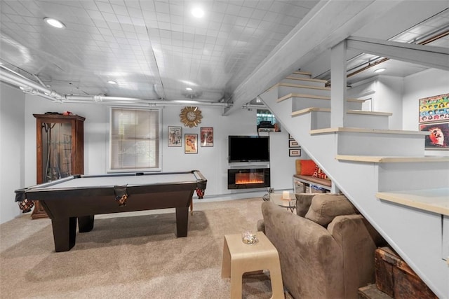 playroom featuring carpet floors, billiards table, recessed lighting, and a glass covered fireplace