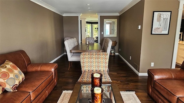 dining area featuring baseboards, dark wood-style flooring, crown molding, and recessed lighting