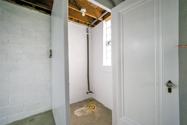 102 Olive Dr, Level Green, PA 15085 - bathroom featuring unfinished concrete floors and concrete block wall