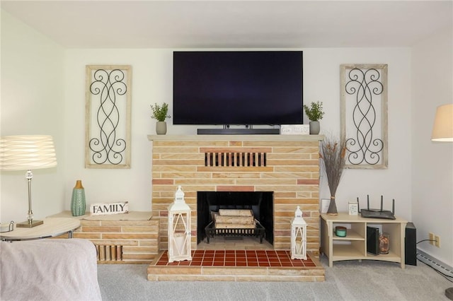 carpeted living area featuring a fireplace