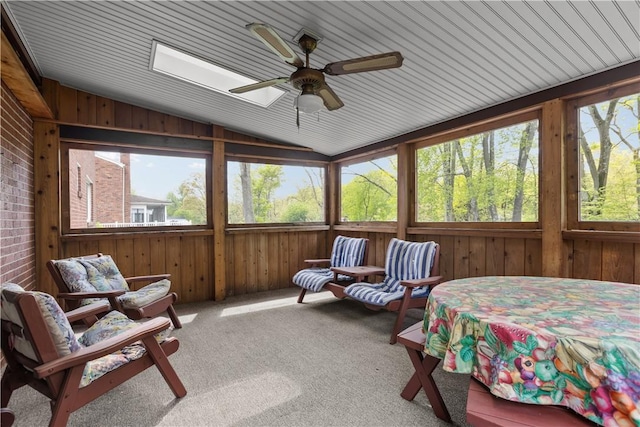 677 Olive St, Mccandless, PA 15237 - sunroom / solarium featuring vaulted ceiling, ceiling fan, carpet, and wooden walls