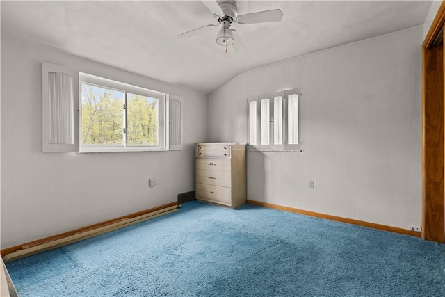 677 Olive St, Mccandless, PA 15237 - unfurnished bedroom featuring carpet floors, baseboards, lofted ceiling, and ceiling fan