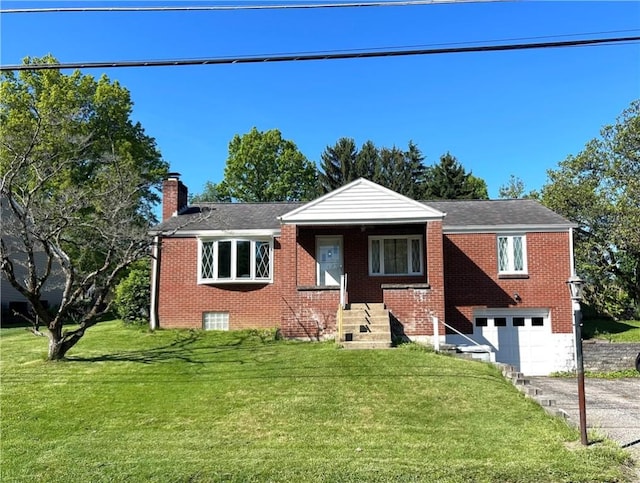316 Franklin Dr, Peters Twp, PA 15241 - view of front of home with brick siding, a garage, a chimney, driveway, and a front yard