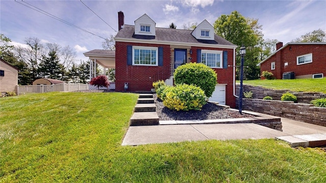 view of front facade featuring brick siding, central AC unit, an attached garage, and a chimney