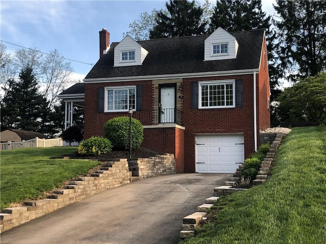 cape cod house featuring an attached garage, brick siding, a chimney, and concrete driveway