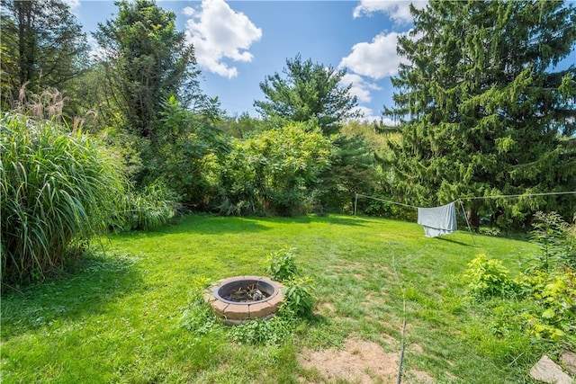 view of grassy yard with an outdoor fire pit and a view of trees