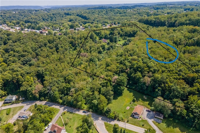 aerial overview of property's location with a heavily wooded area and property parcel outlined