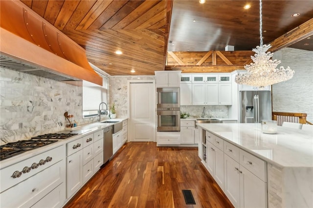 kitchen with stainless steel appliances, wooden ceiling, a sink, backsplash, and white cabinetry