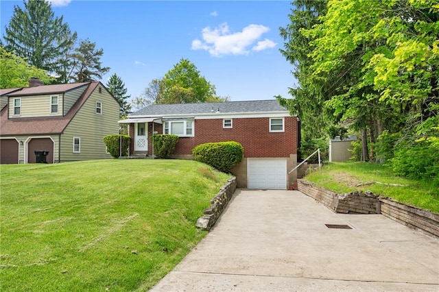 9235 Mary Ave, Mccandless, PA 15237 - view of front of house featuring concrete driveway, a garage, a front yard, and brick siding