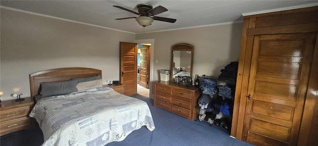 bedroom featuring crown molding, dark carpet, and a ceiling fan