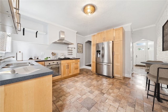 3474 Ligonier St, Lawrenceville, PA 15201 - kitchen with stainless steel appliances, wall chimney exhaust hood, light brown cabinets, a sink, and ornamental molding