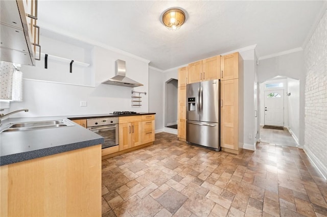 3474 Ligonier St, Lawrenceville, PA 15201 - kitchen with stainless steel appliances, wall chimney range hood, a sink, light brown cabinetry, and crown molding