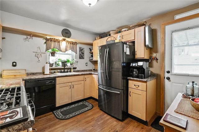 kitchen featuring black appliances, a sink, wood finished floors, and light brown cabinets