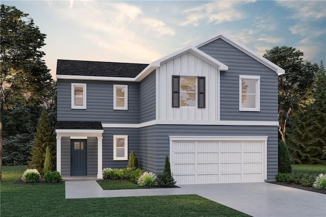 view of front facade featuring an attached garage, driveway, and board and batten siding