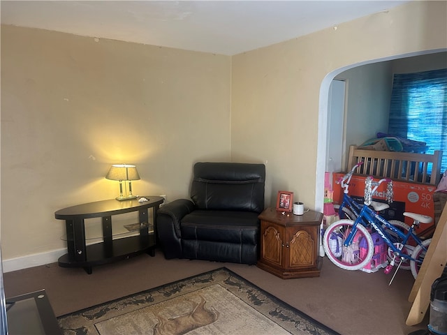 sitting room featuring arched walkways and carpet floors