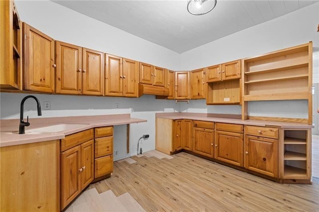 3014 Versailles Ave, Mckeesport, PA 15132 - kitchen featuring open shelves, a sink, light wood-style flooring, and brown cabinets