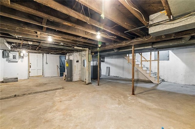 3014 Versailles Ave, Mckeesport, PA 15132 - unfinished basement with electric panel, stairway, and gas water heater