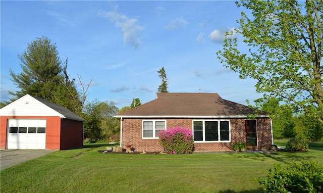 2205 Dellenbaugh Rd, Frazer, PA 15084 - view of front of house with an outdoor structure, a garage, brick siding, and a front yard