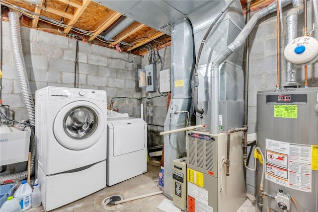 1408 Timberidge Dr, Bethel Park, PA 15102 - laundry area with water heater, washing machine and dryer, electric panel, and heating unit