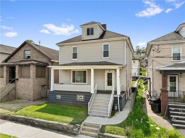 716 Center Ave N, Charleroi, PA 15022 - american foursquare style home with stairs, a porch, a chimney, a front yard, and roof with shingles