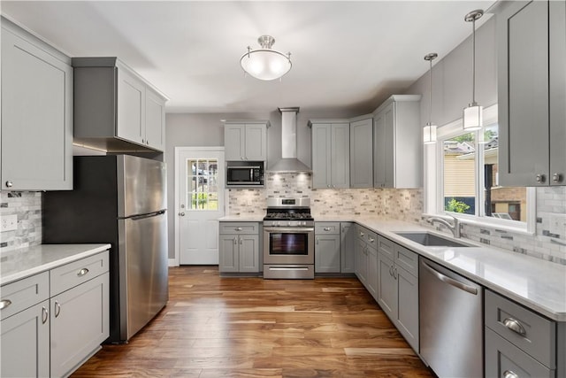 716 Center Ave N, Charleroi, PA 15022 - kitchen featuring stainless steel appliances, a sink, wall chimney range hood, gray cabinetry, and backsplash
