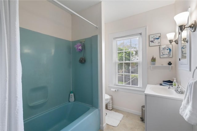 363 Highland Ave, West View, PA 15229 - bathroom featuring toilet, vanity, baseboards, shower / bath combo, and tile patterned floors