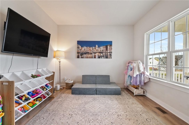 game room featuring plenty of natural light, baseboards, and wood finished floors