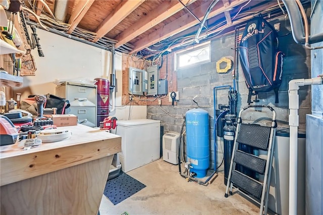 9935 Greiser Rd, Conneaut Lake Cra, PA 16316 - basement featuring a water pressure tank, refrigerator, and electric panel