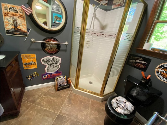 9935 Greiser Rd, Conneaut Lake Cra, PA 16316 - bathroom with a shower stall, baseboards, tile patterned flooring, and vanity