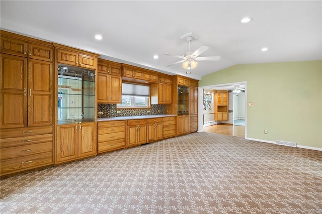 118 Tangelo Dr, Jefferson Hills, PA 15025 - kitchen featuring a ceiling fan, light colored carpet, lofted ceiling, baseboard heating, and recessed lighting