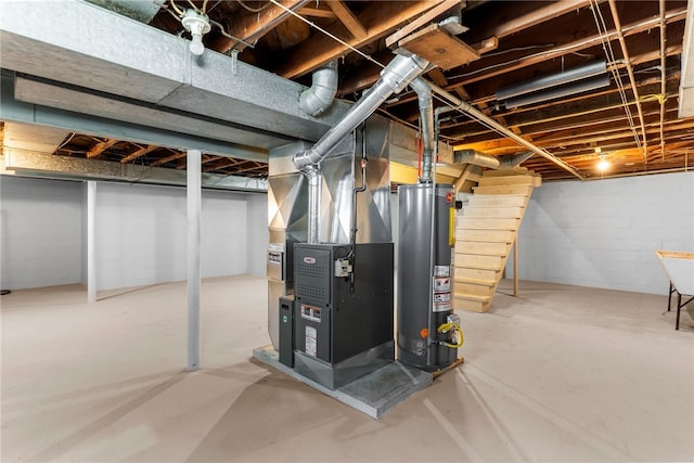 800 Smith Ave, Sharon, PA 16146 - unfinished basement with gas water heater, heating unit, and stairs