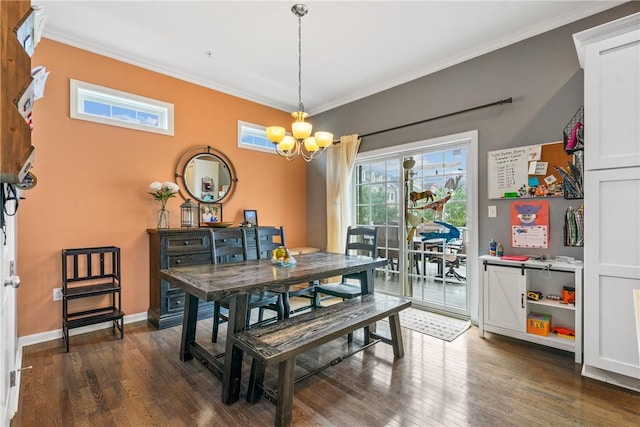 234 College Ave, Oakmont, PA 15139 - dining space with a chandelier, ornamental molding, dark wood-style floors, and baseboards