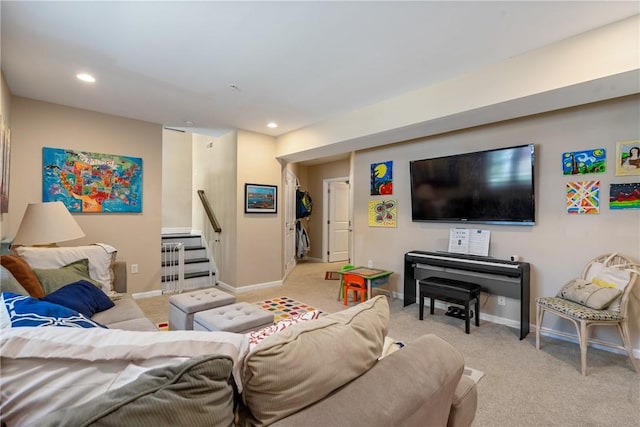 234 College Ave, Oakmont, PA 15139 - living room with light colored carpet, recessed lighting, baseboards, and stairs