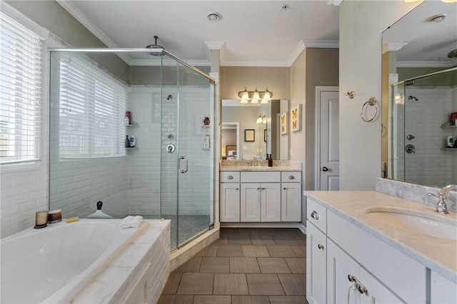 234 College Ave, Oakmont, PA 15139 - bathroom featuring a shower stall, healthy amount of natural light, crown molding, and a bath