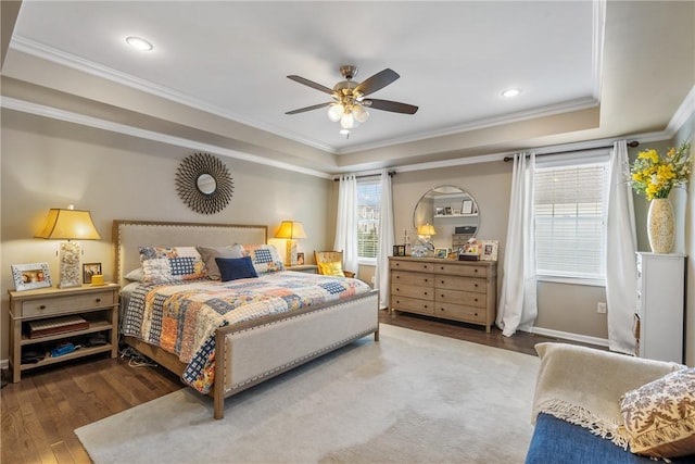 234 College Ave, Oakmont, PA 15139 - bedroom featuring ornamental molding, wood-type flooring, a raised ceiling, recessed lighting, and a ceiling fan