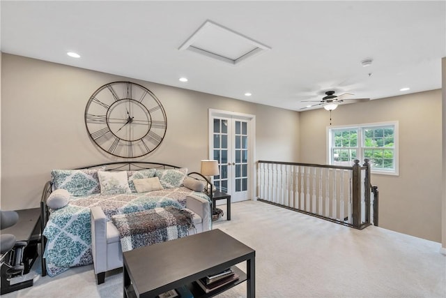 234 College Ave, Oakmont, PA 15139 - bedroom with attic access, carpet, french doors, recessed lighting, and a ceiling fan