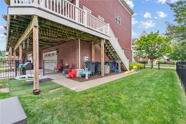234 College Ave, Oakmont, PA 15139 - view of side of property with stairs, a patio area, a wooden deck, central AC, and brick siding
